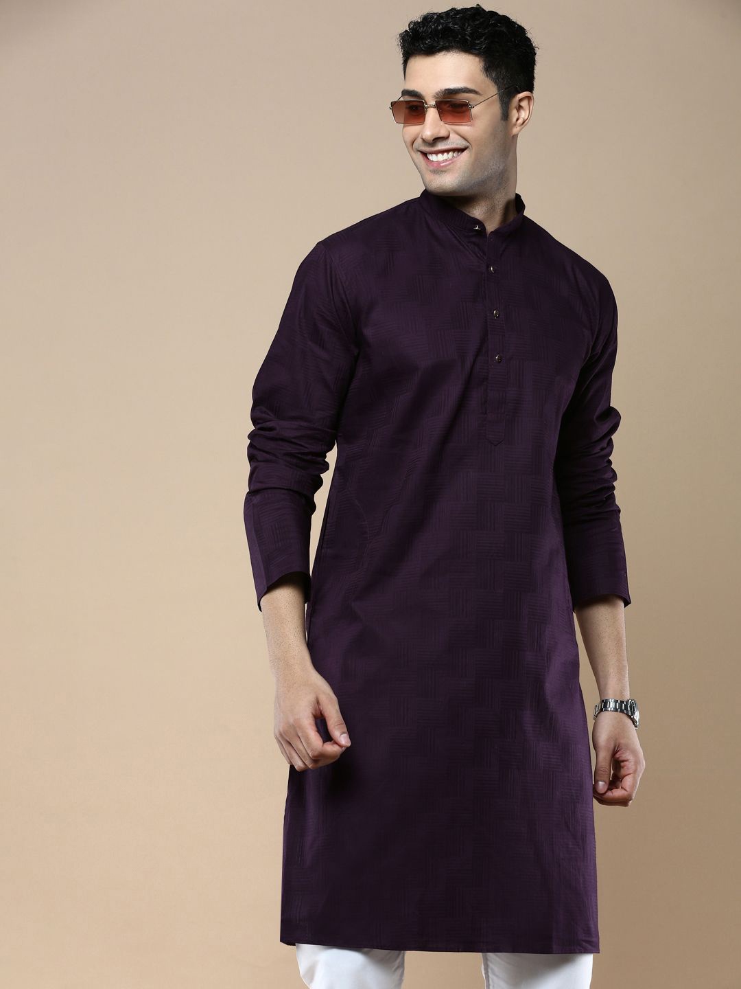 

Anouk Purple Striped Band Collar Cotton Silk Straight Kurta