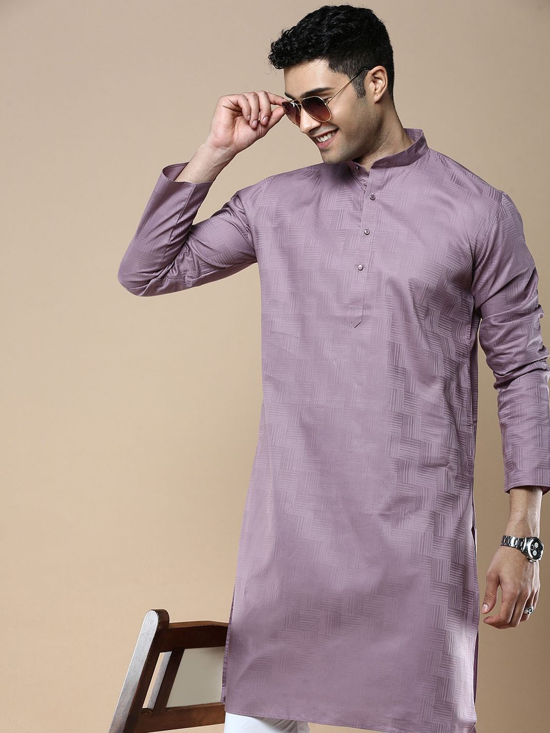 

Anouk Mauve Striped Band Collar Cotton Silk Straight Kurta, Purple