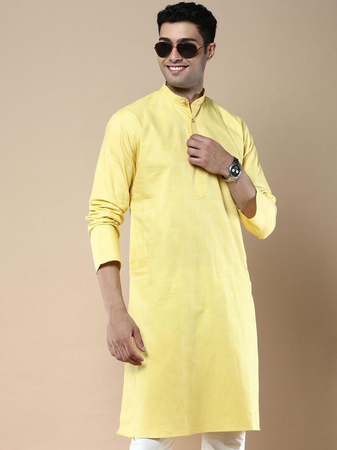 

Anouk Yellow Geometric Woven Design Mandarin Collar Cotton Silk Straight Kurta