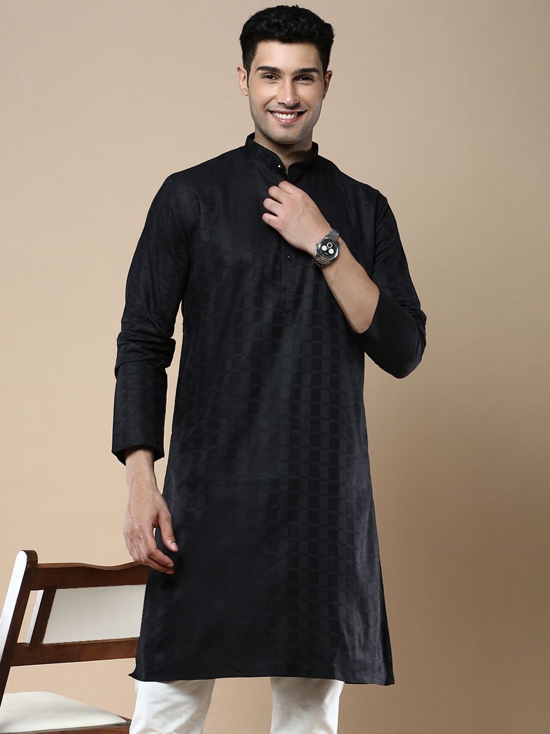 

Anouk Black Striped Mandarin Collar Cotton Silk Straight Kurta