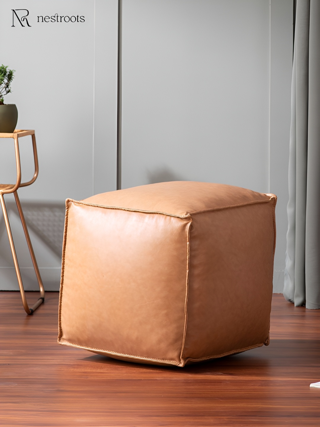 

nestroots Brown Square Shaped Leather Ottomans