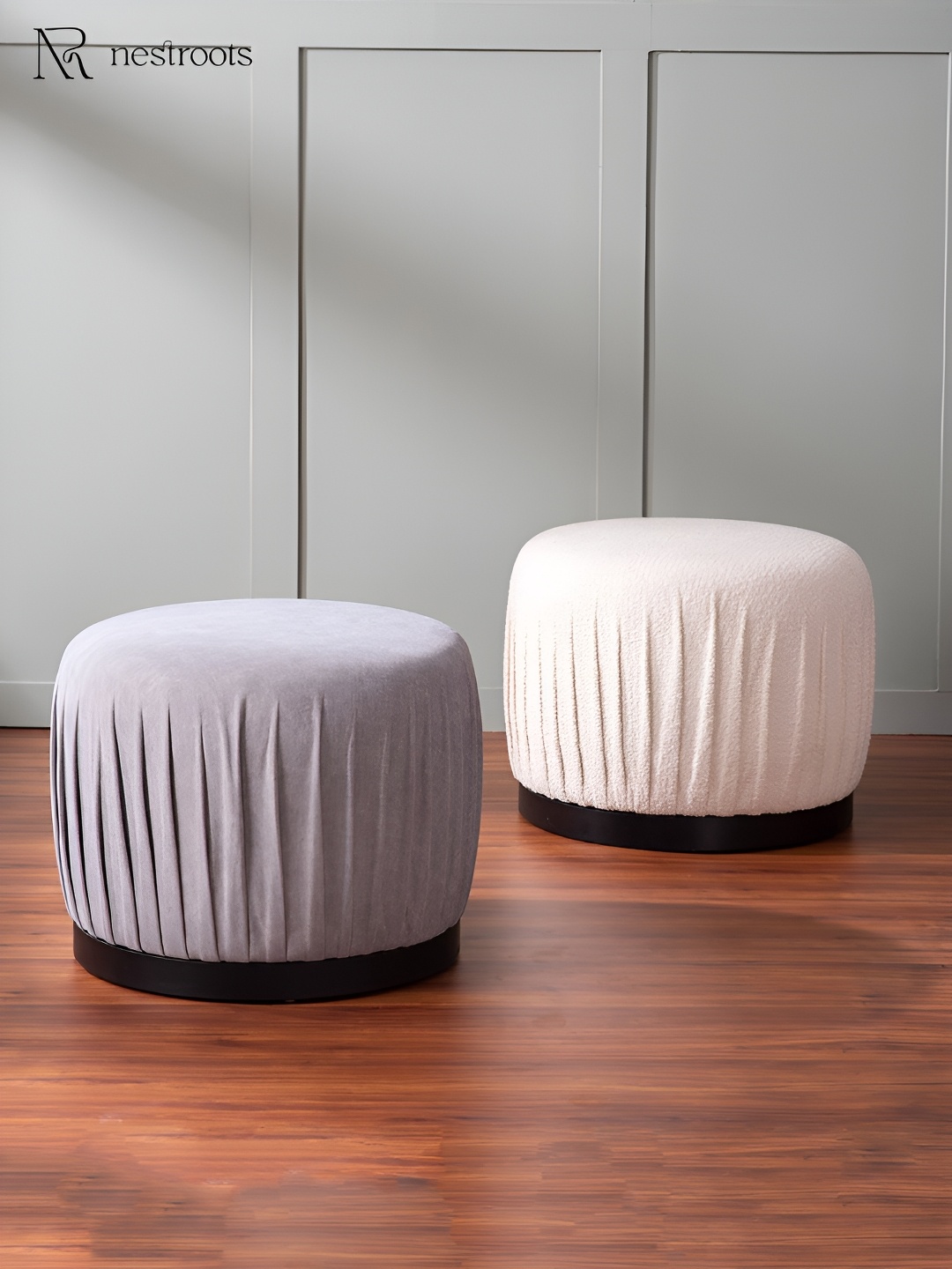 

nestroots Beige & Grey 2 Pieces Wooden Pouf Ottomans