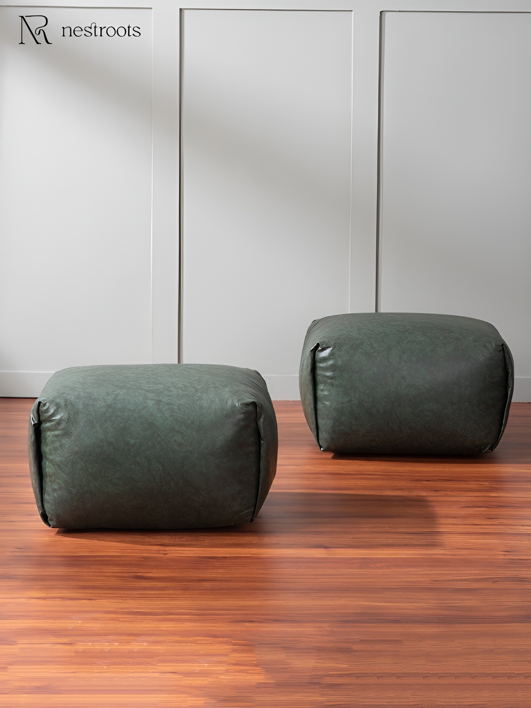 

nestroots Olive Green 2 Pieces Wooden Faux Leather Ottomans