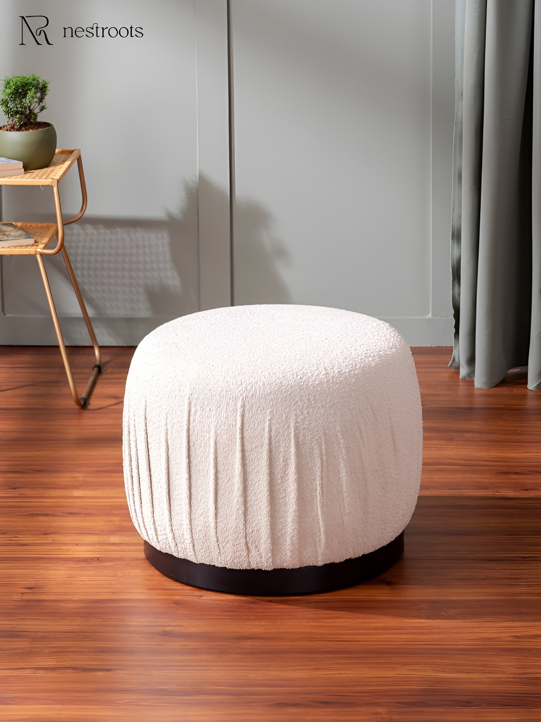 

nestroots Beige Textured Knitted Round Wooden Ottoman