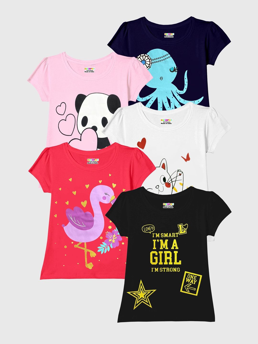 

KUCHIPOO Girls Pack Of 5 Printed Cotton Extended Sleeves T-shirt, Pink