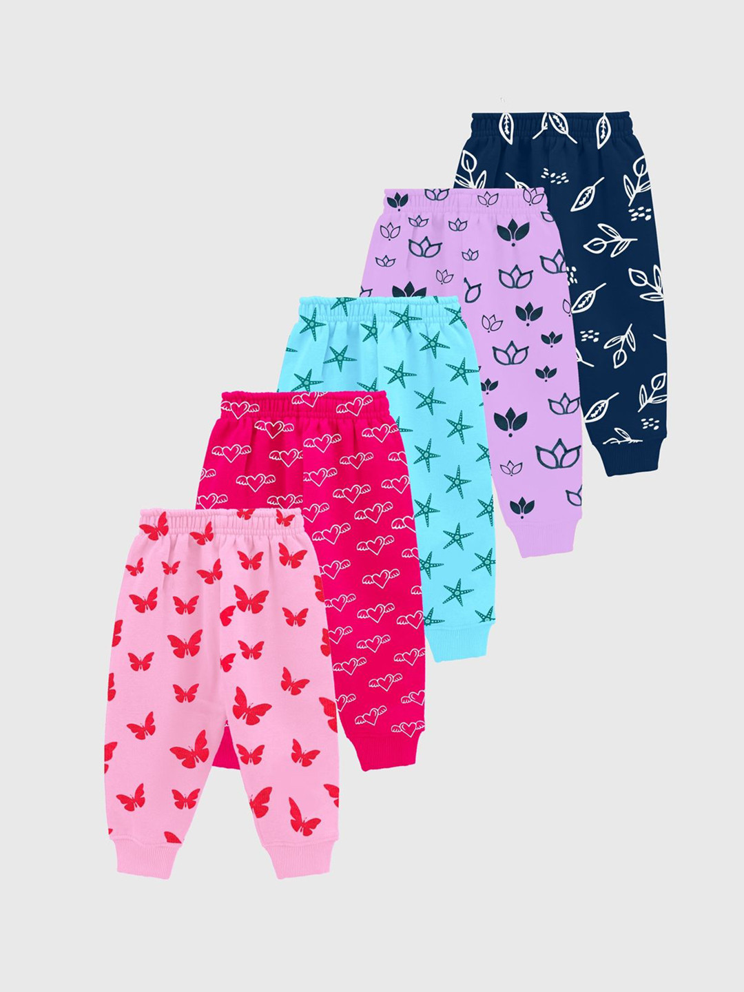 

KUCHIPOO Girls Pack Of 5 Printed Mid Rise Joggers, Pink