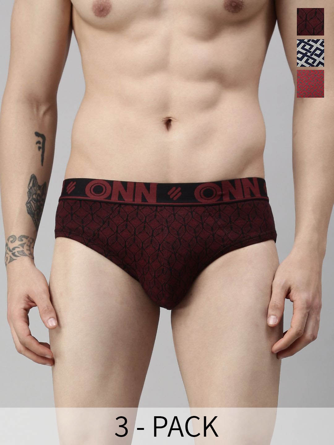 

ONN Pack Of 3 Printed Mid-Rise Basic Briefs-ONN_282_AST1_3PC, Maroon