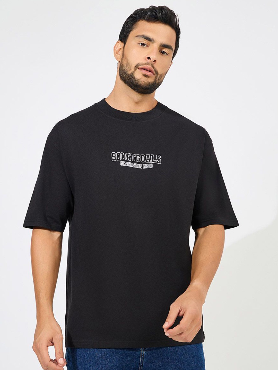 Styli Men Cotton Rich Chest Printed Oversized Athleisure Tee, Black
