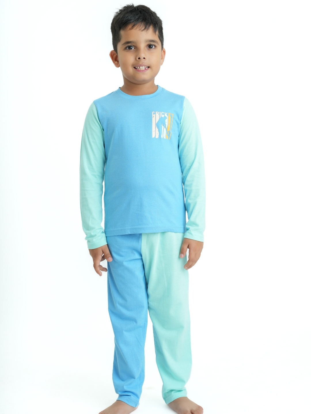 

mackly Boys Colourblocked Printed T-Shirt With Pyjamas, Turquoise blue