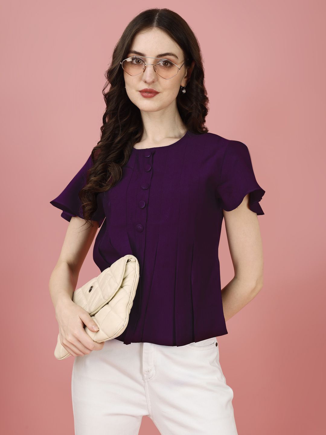 

Kinjo Flared Sleeves Regular Solid Tops, Purple