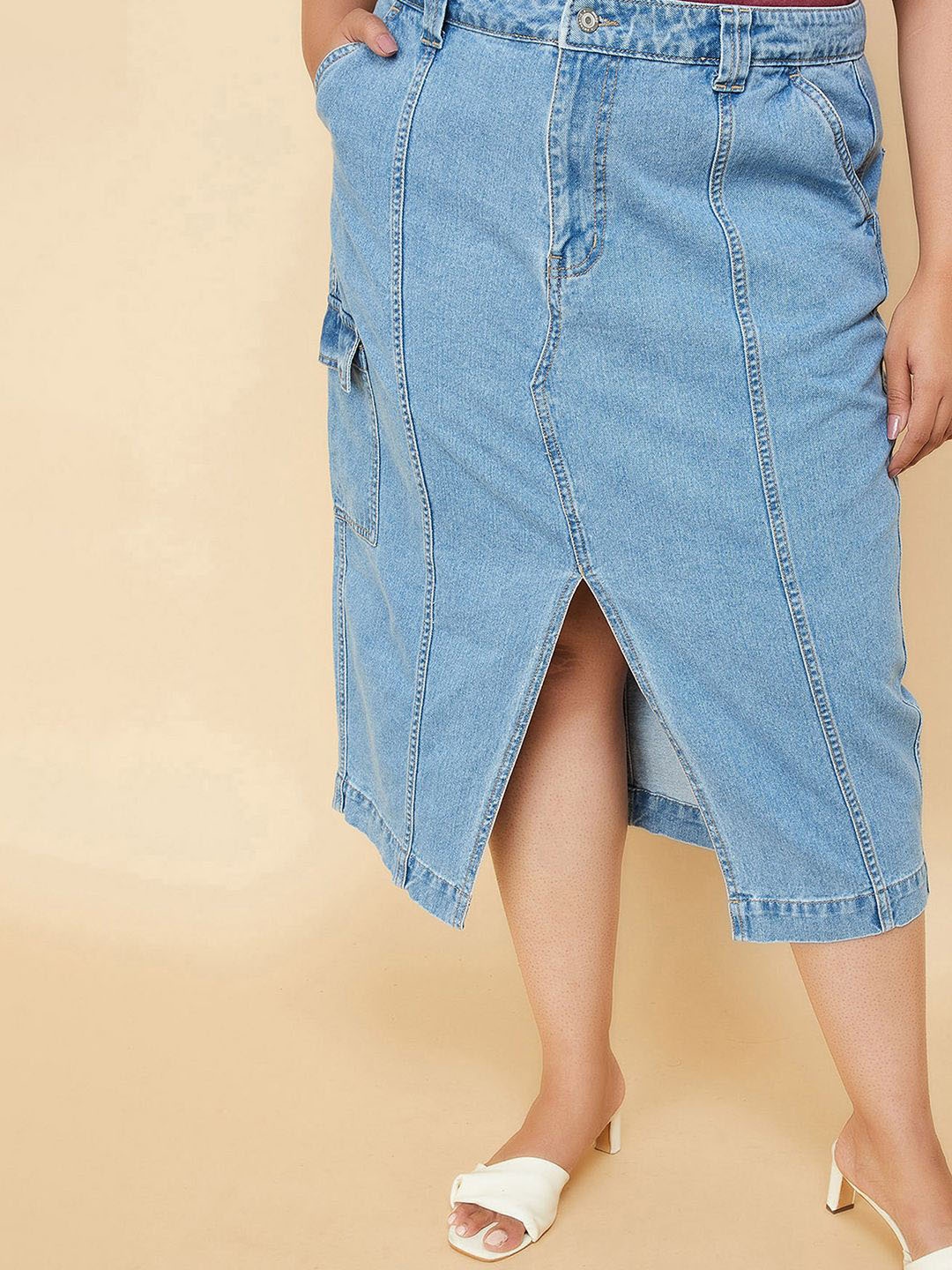 

max Plus Size Front Slit Denim Skirt, Blue