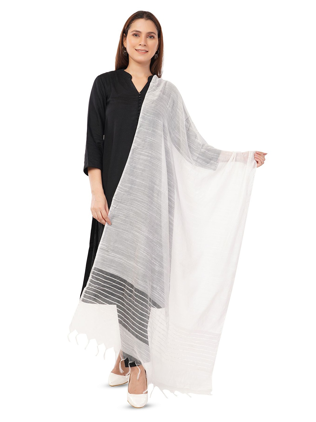 

Rhe-Ana Self Design Tasseled Dupatta, White