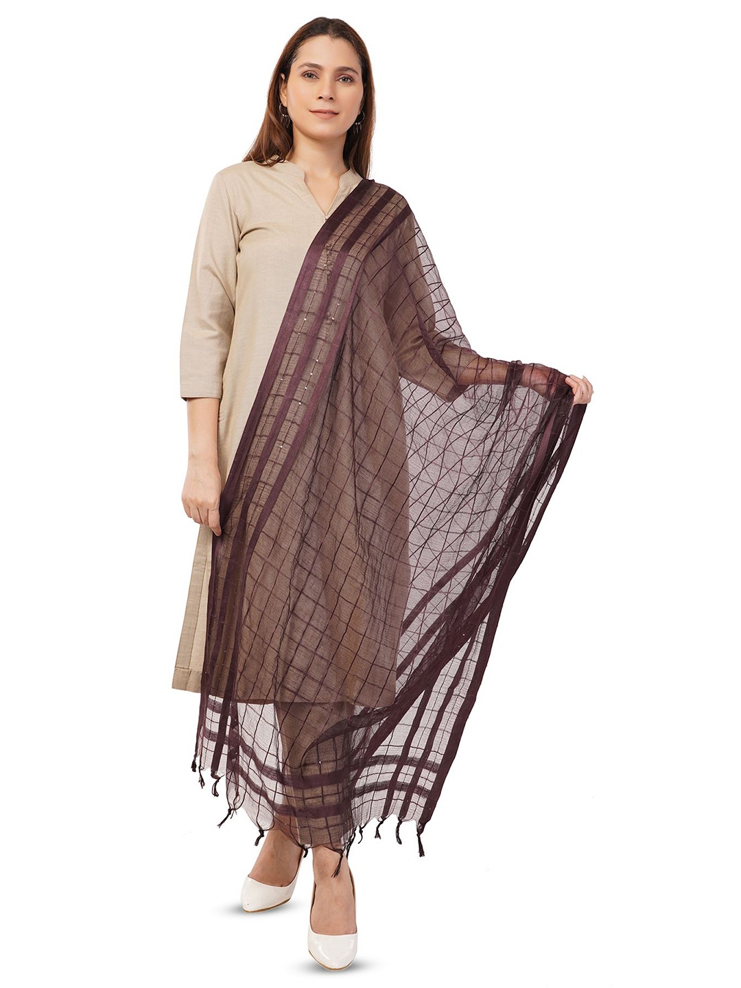 

Rhe-Ana Checked Sequin Embellished Dupatta, Brown