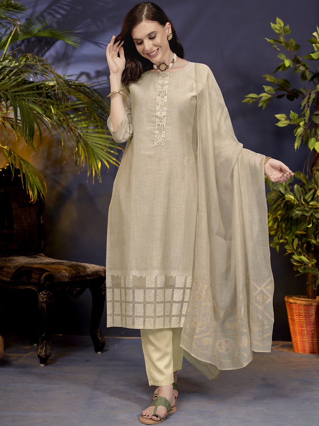 

Anouk Beige Beads and Stones Khadi Straight Kurta With Trouser & Dupatta