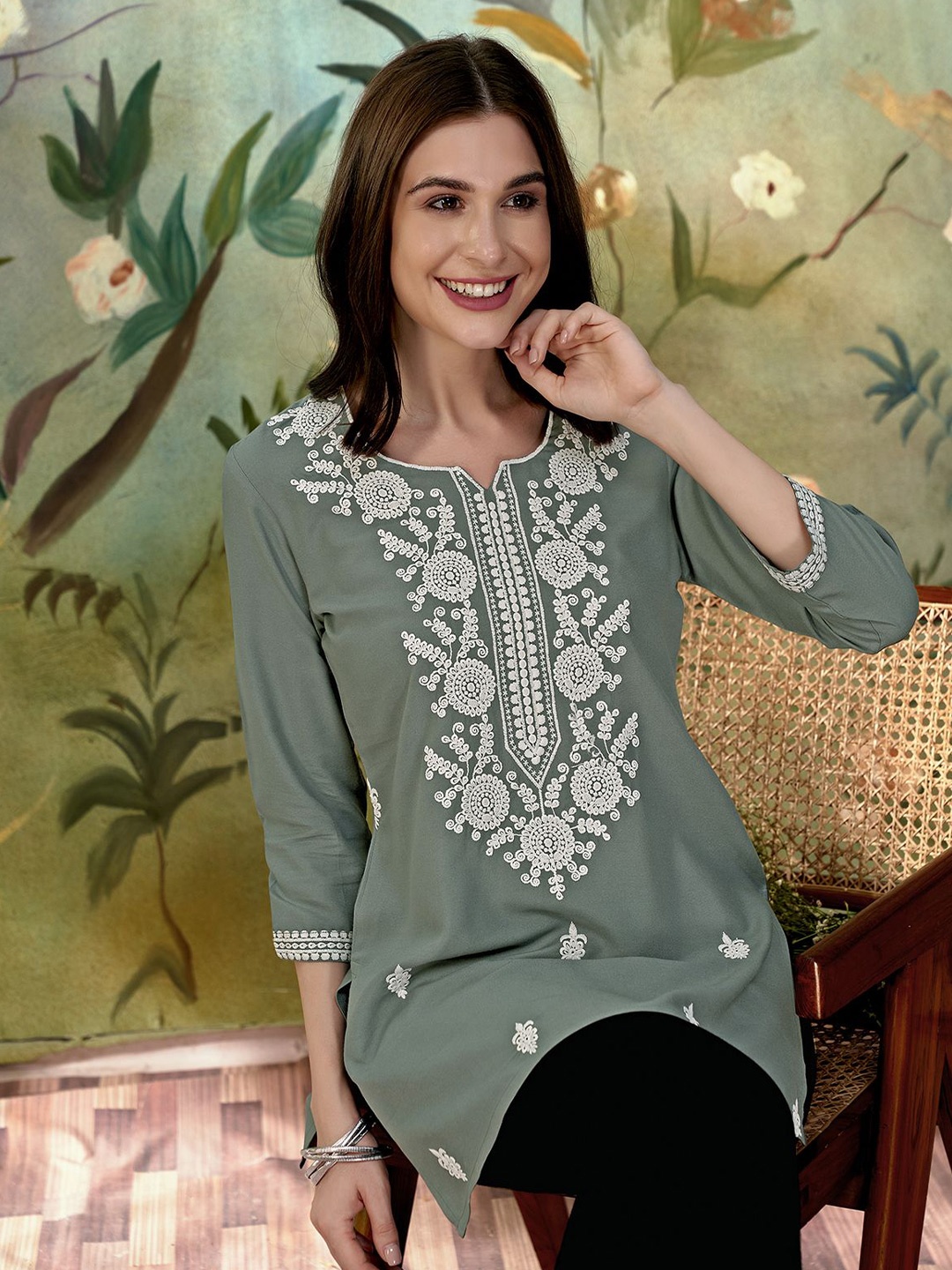 

Anouk Ethnic Motifs Embroidered Short Kurti, Olive
