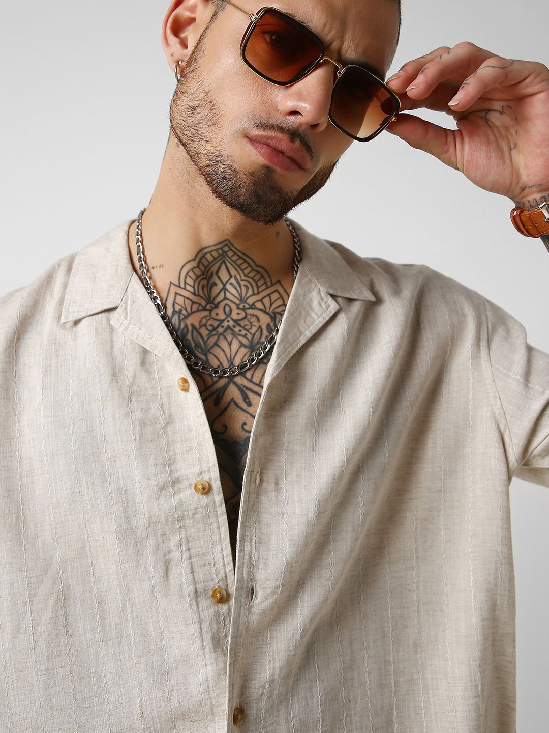 

VASTRADO Classic Oversized Cuban Collar Embroidered Cotton Shirt, Beige
