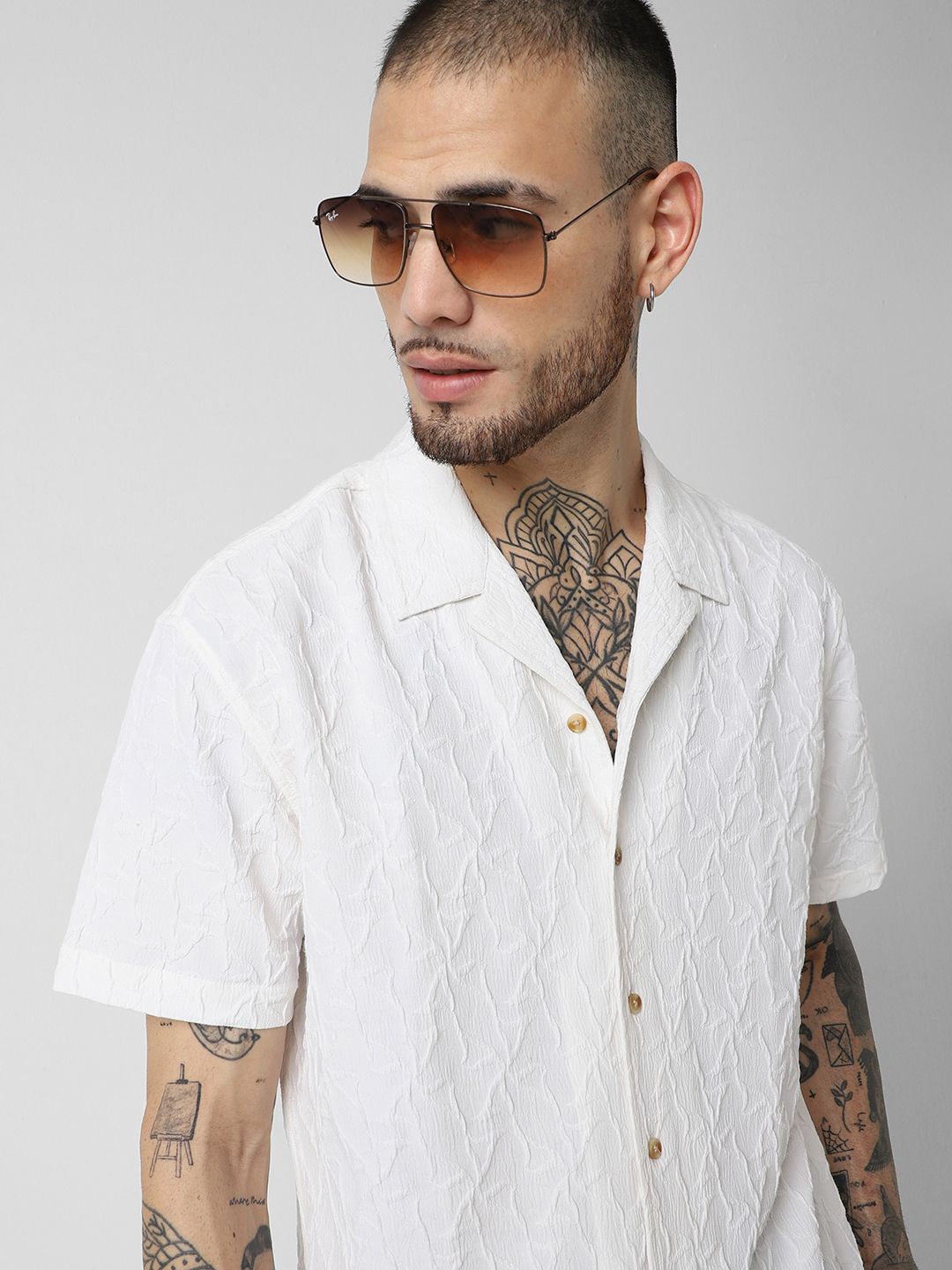 

VASTRADO Classic Oversized Self Design Textured Cuban Collar Shirt, White