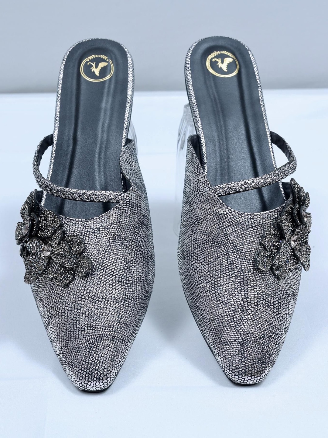 

Sana K Luxurious Footwear Women Textured Party Mules Flats with Western - Embellished, Grey