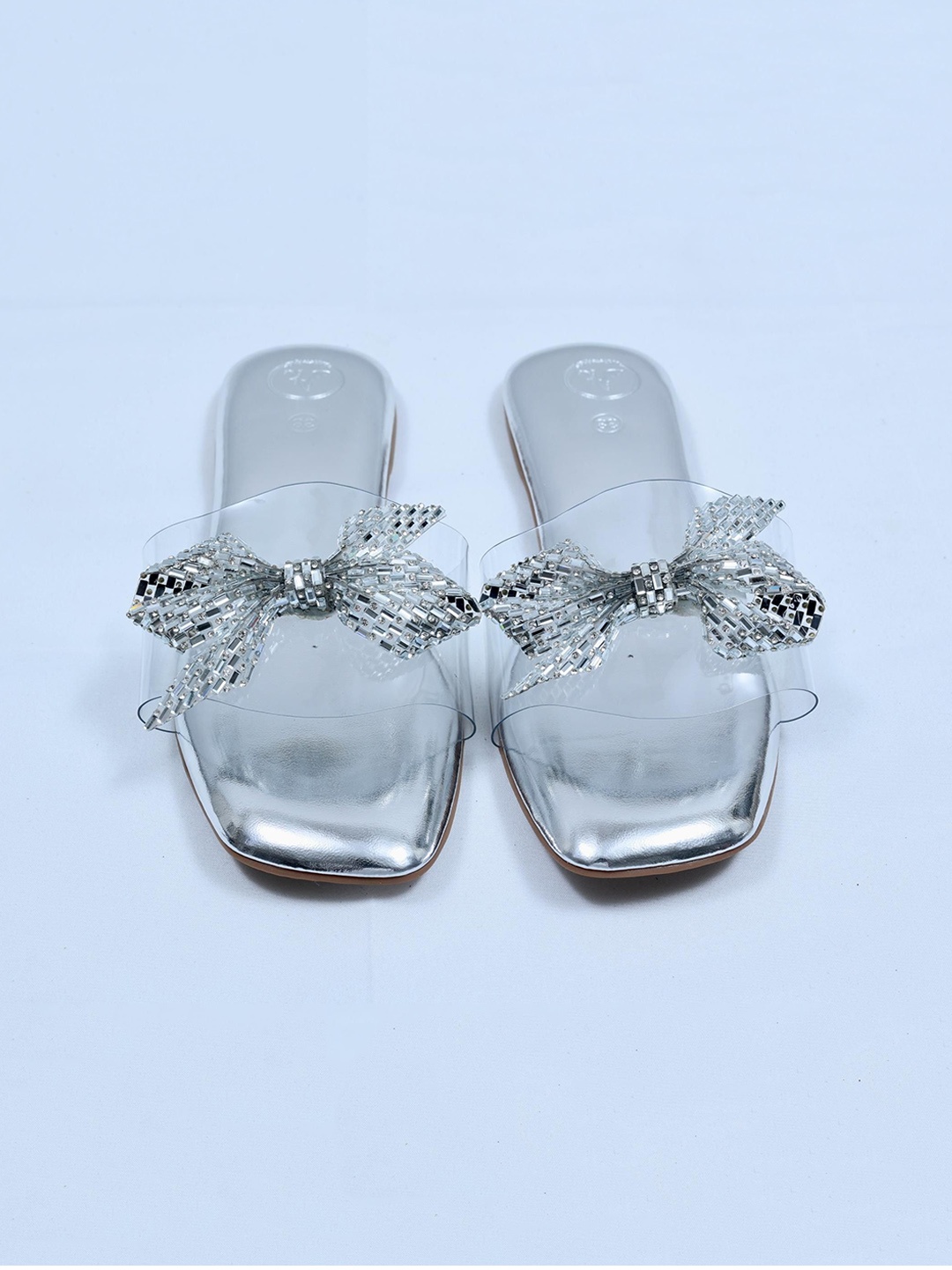 

Sana K Luxurious Footwear Women Open Toe Flats with Bows, Silver