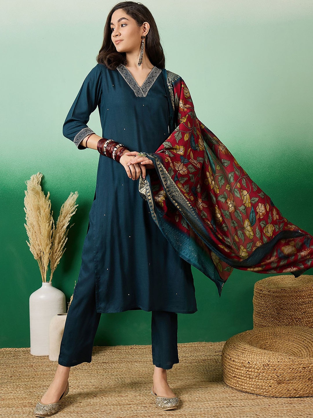 

Sangria Teal Blue V-Neck Zari Straight Kurta With Trouser & Dupatta
