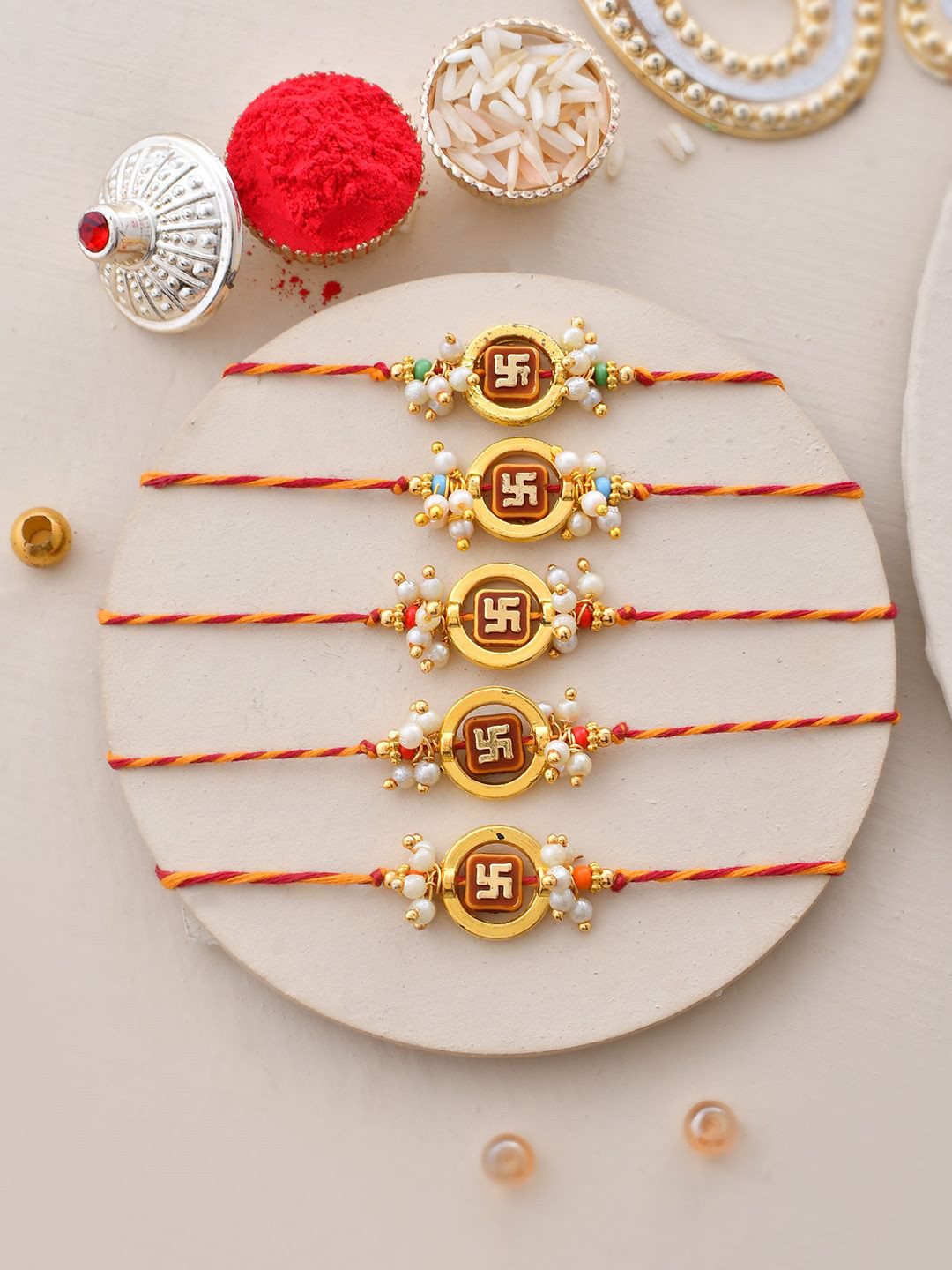 

Anouk Set of 5 Gold-Toned Beaded Thread Rakhi