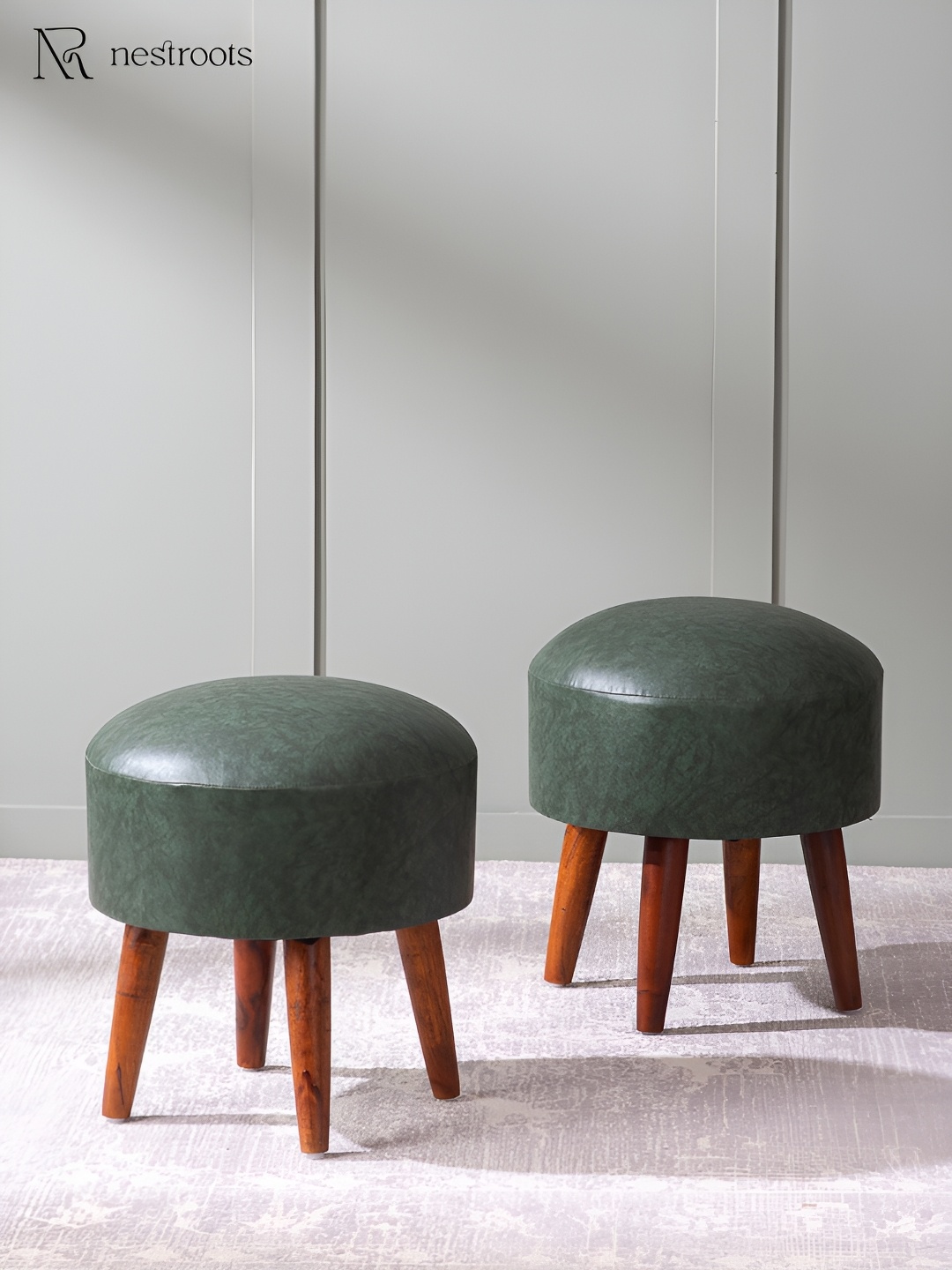 

nestroots Teal Green & Brown 2 Pieces Faux Leather Ottomans