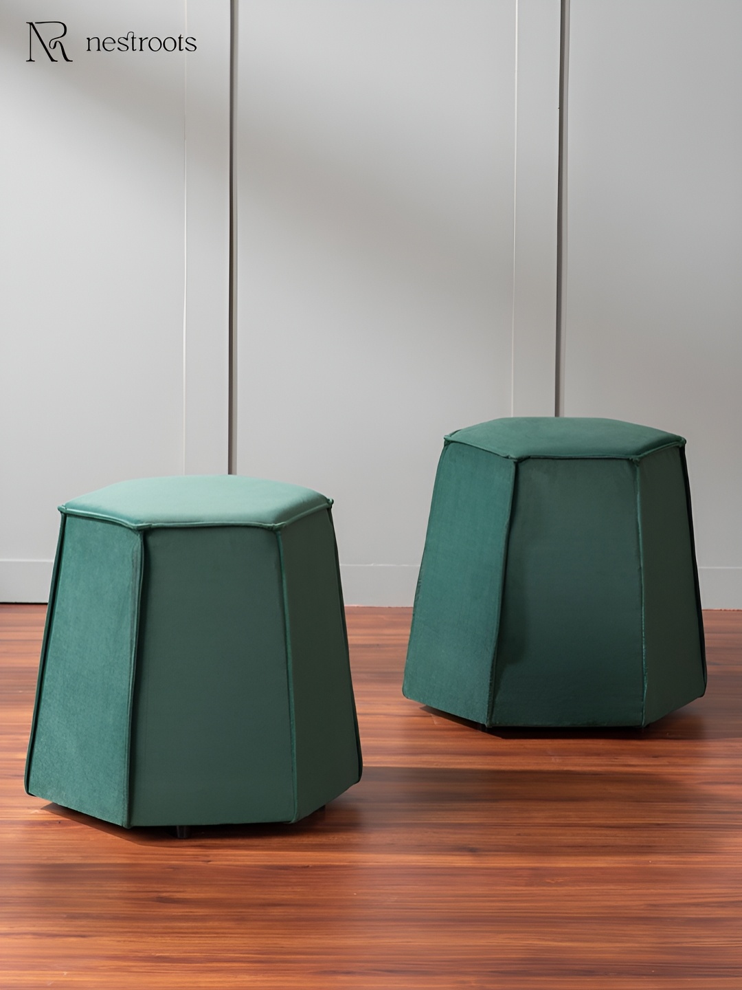 

nestroots Green 2 Pieces Textured Velvet Cylindrical Ottomans