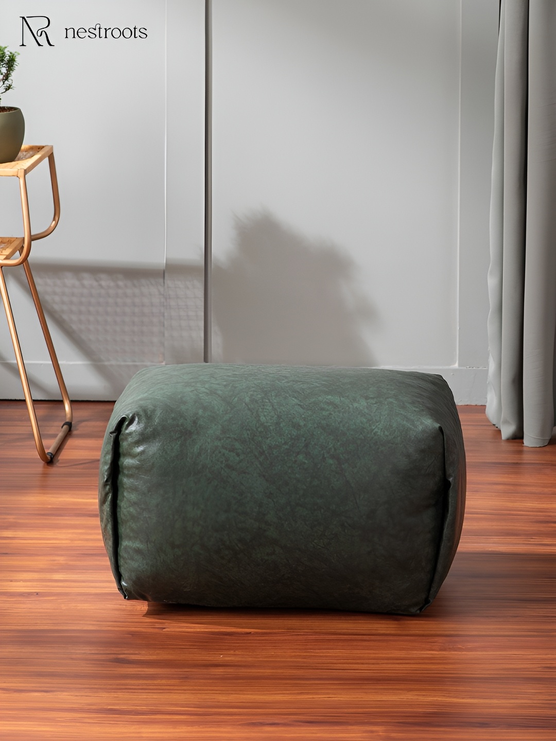 

nestroots Green Wooden Faux Leather Pouf Ottoman