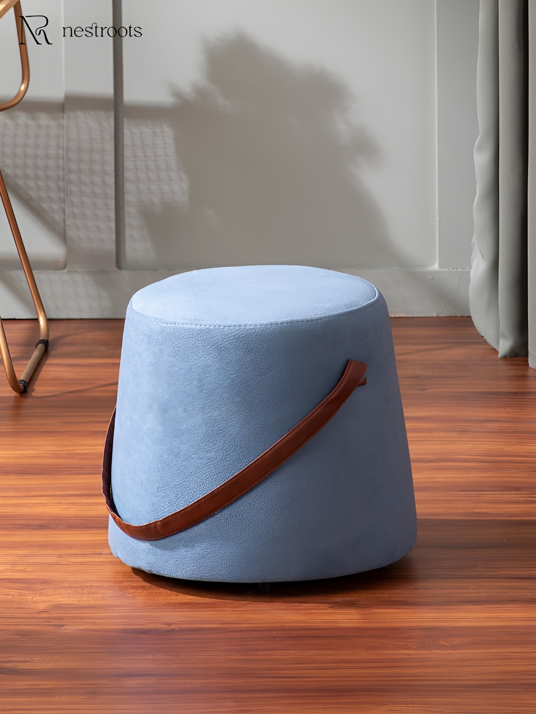 

nestroots Hoist Collection Blue Wooden Cylindrical Ottoman With Faux Leather Strap