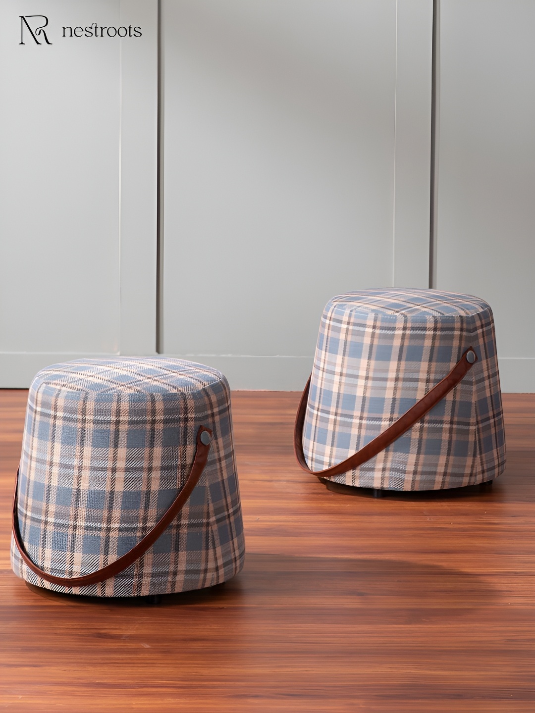 

nestroots Hoist Collection Blue & Beige 2 Pieces Checked Faux Leather Pouf Ottomans
