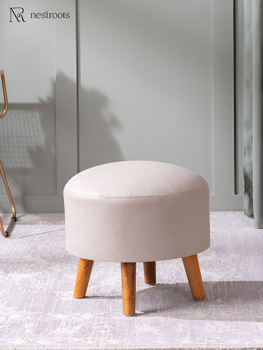 

nestroots Beige Wooden Faux Leather Round Ottoman