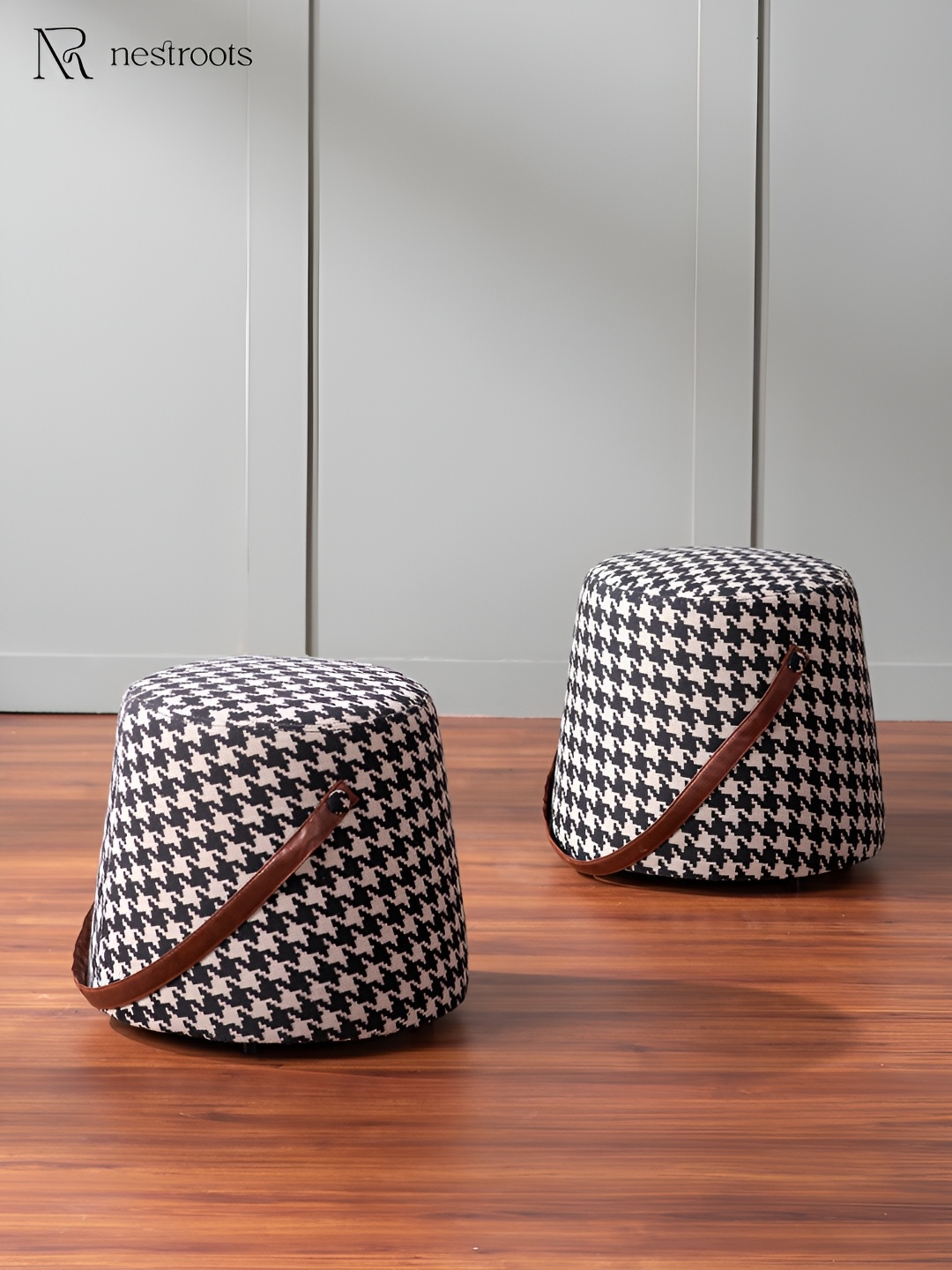 

nestroots Black & White 2 Pieces Checked Faux Leather Pouf Cylindrical Ottomans With Strap