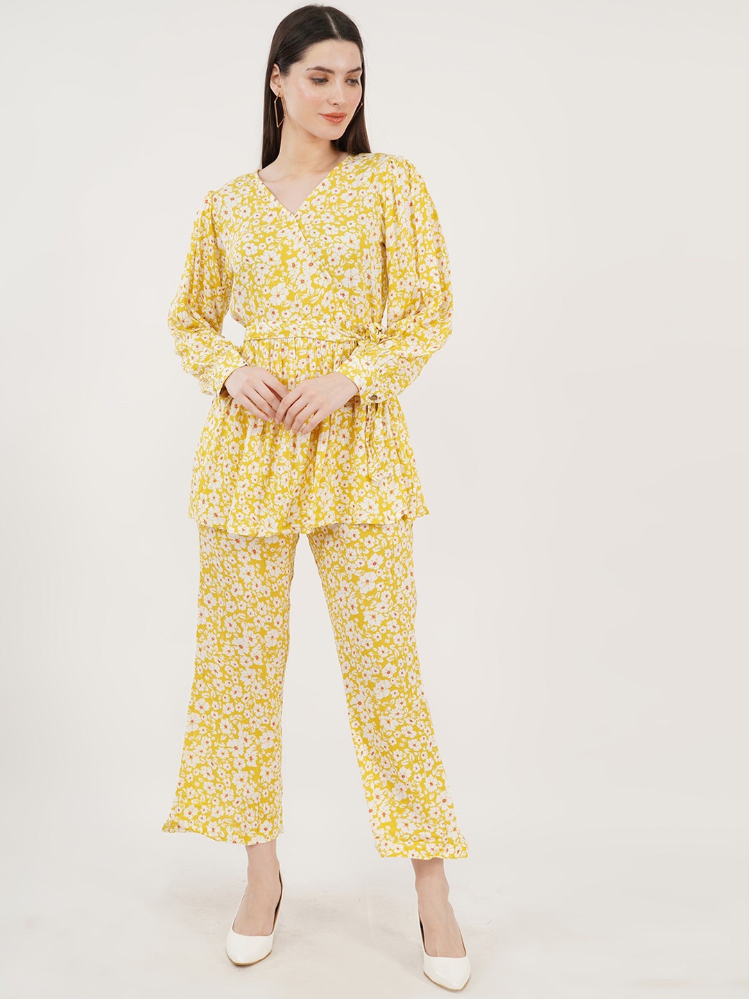 Sonnesta Floral Printed V-Neck Top With Trousers, Yellow