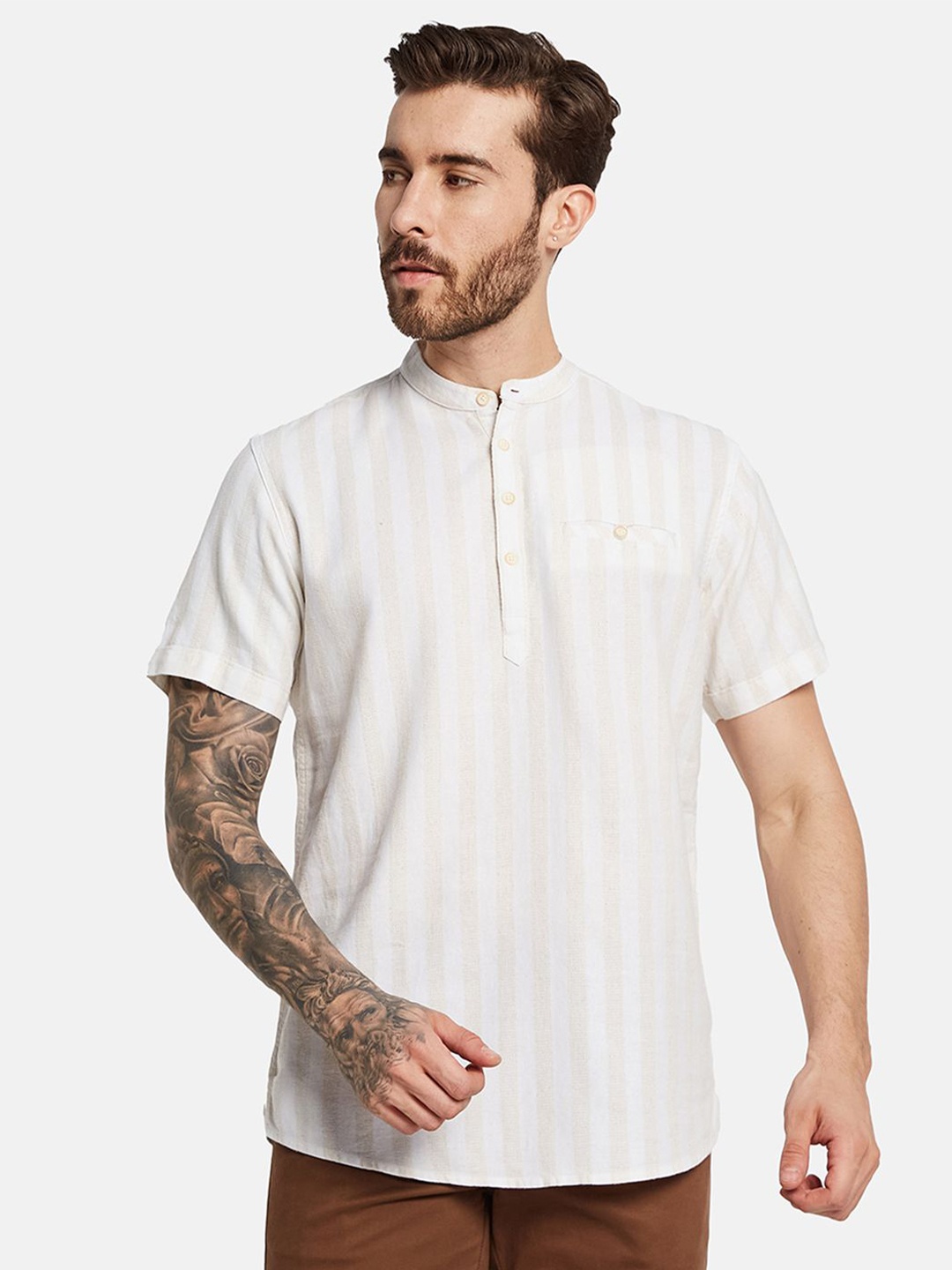 

METTLE Men Opaque Casual Shirt, Cream