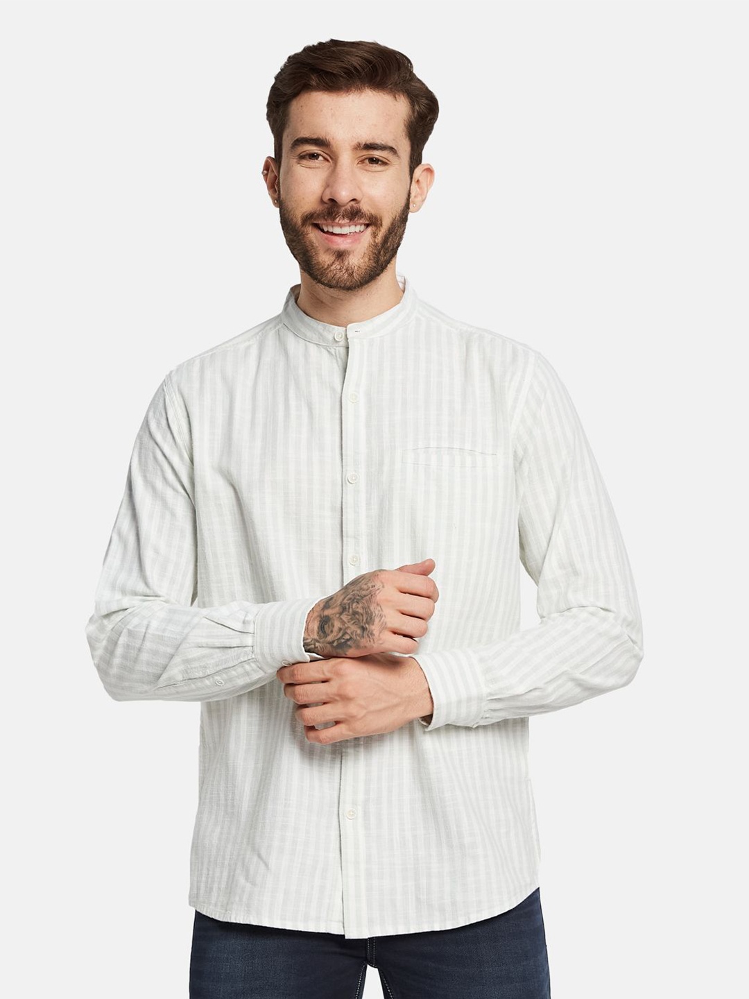 

METTLE Men Opaque Striped Casual Shirt, Grey