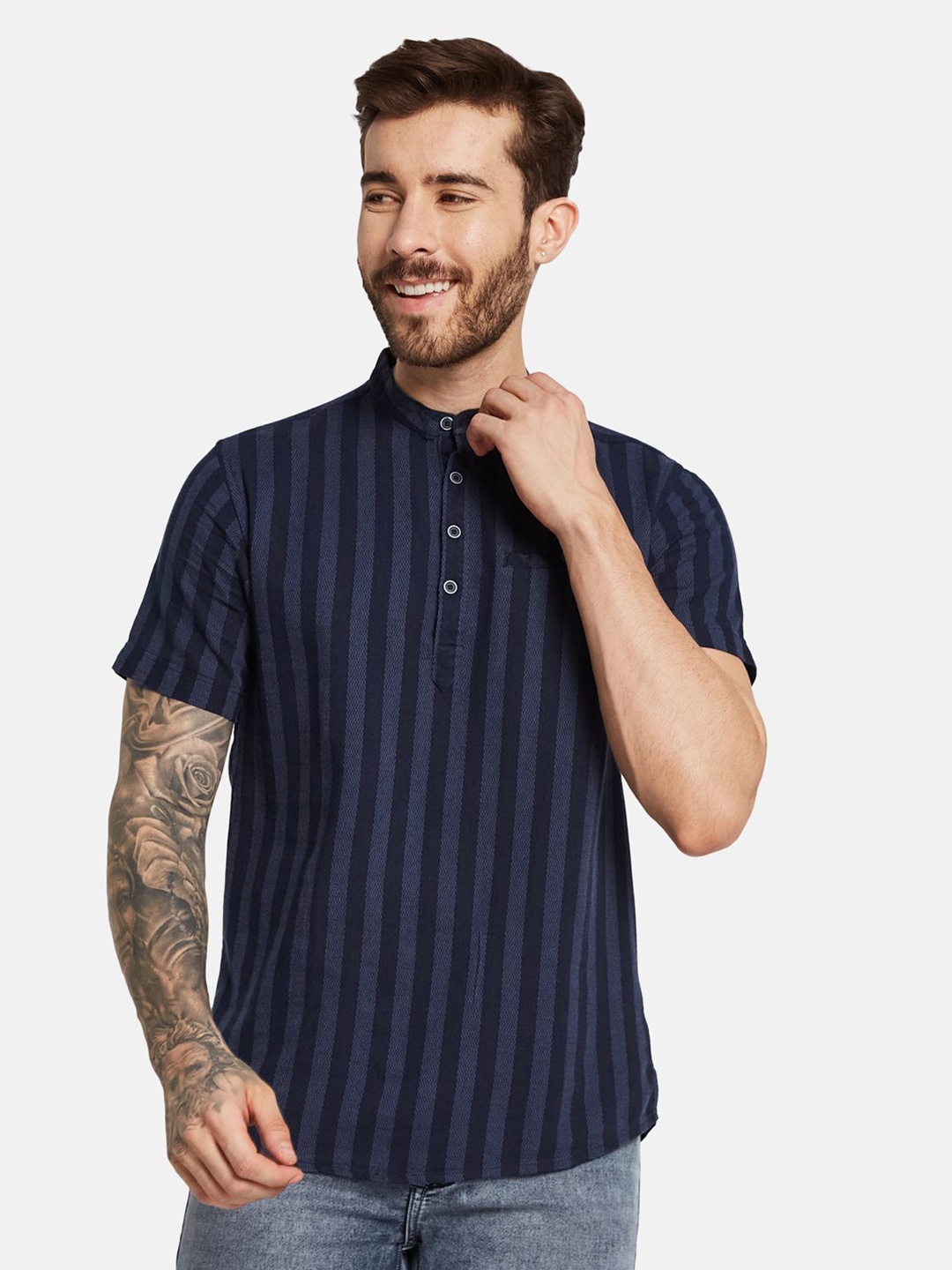 

METTLE Men Striped Printed Band Collar Casual Shirt, Navy blue