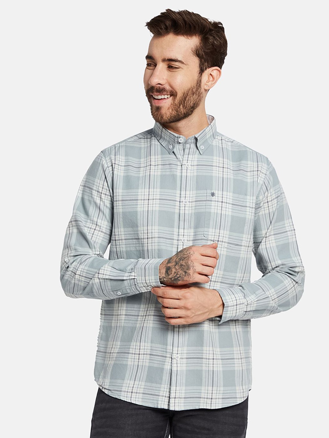 

METTLE Men Tartan Checks Opaque Checked Casual Shirt, Blue