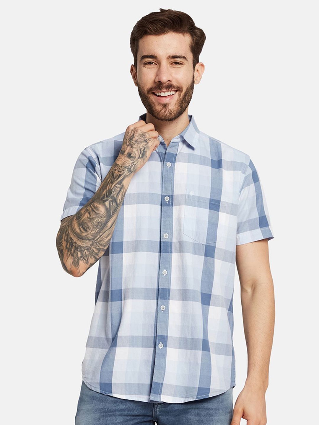 

METTLE Men Opaque Checked Casual Shirt, Blue