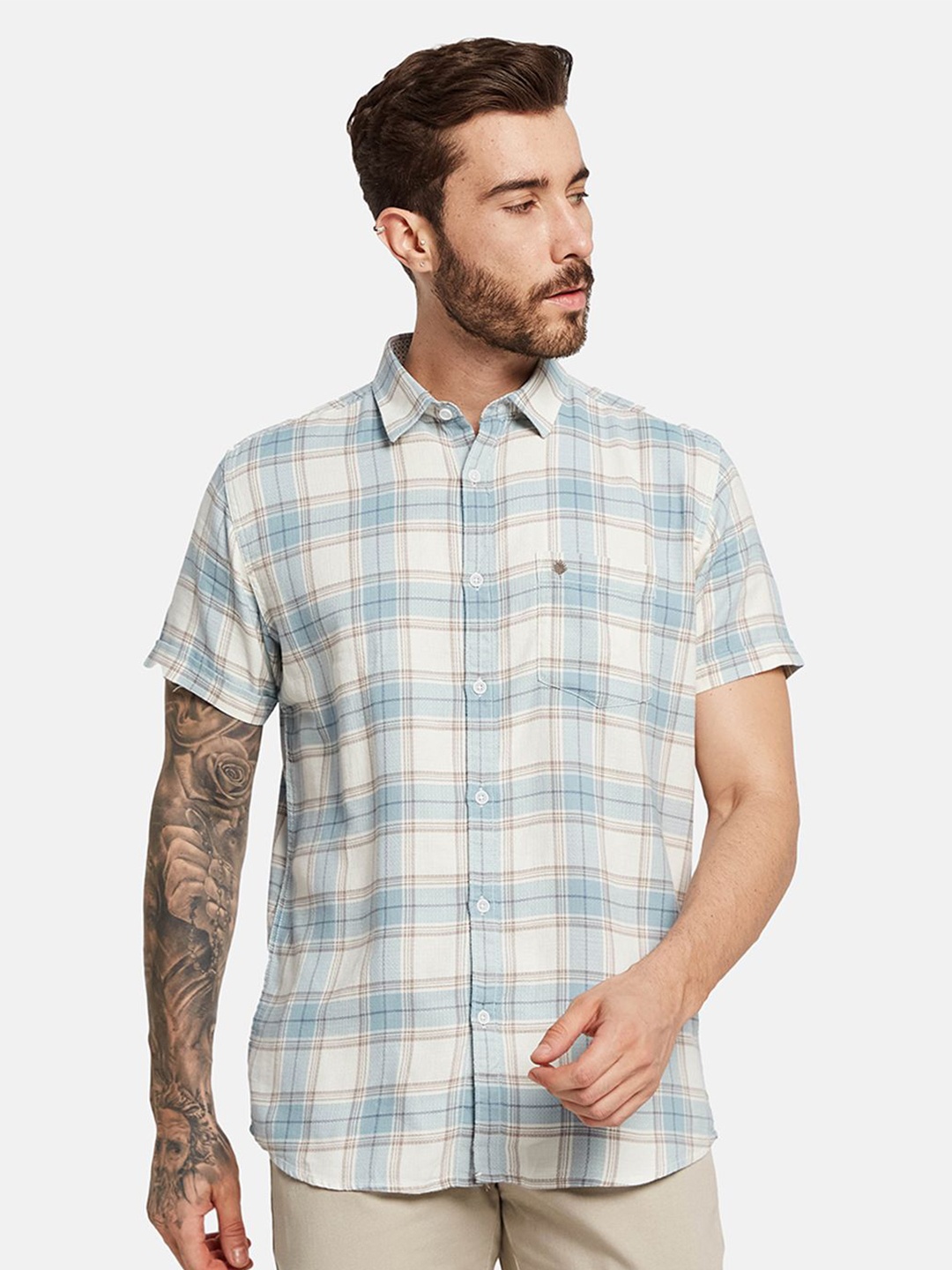 

METTLE Men Tartan Checks Opaque Checked Casual Shirt, Blue