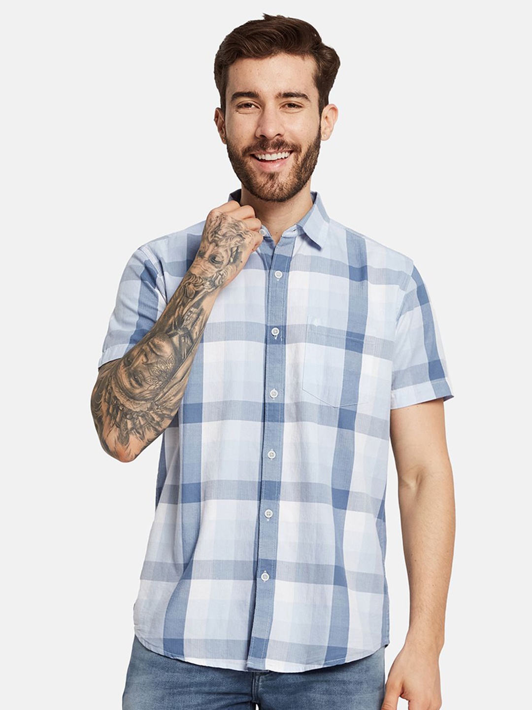 

METTLE Men Opaque Checked Casual Shirt, Blue