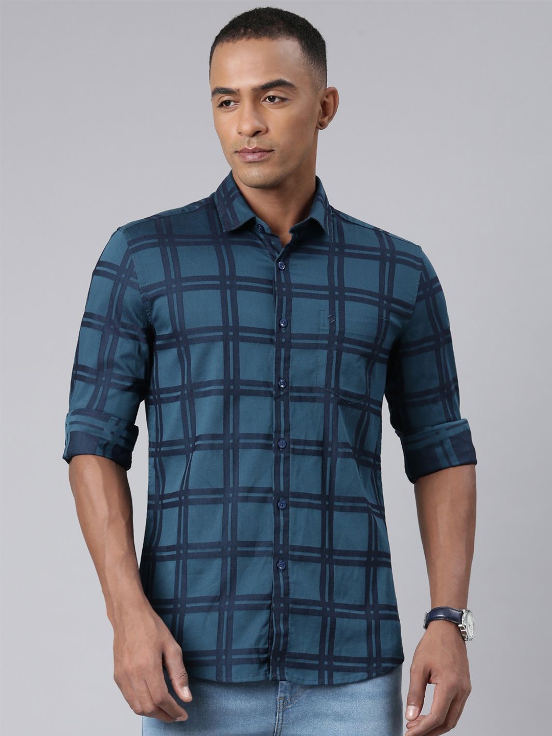 

Classic Polo Men Slim Fit Windowpane Checks Opaque Checked Casual Shirt, Teal