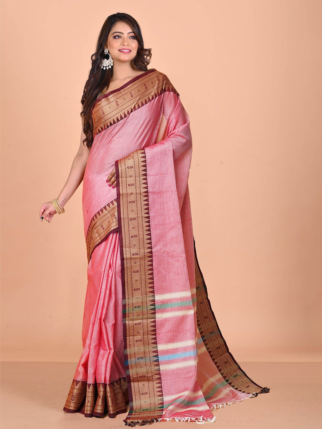 

Unnati Silks Zari Woven Pure Cotton Handloom Narayan Peth Saree, Pink