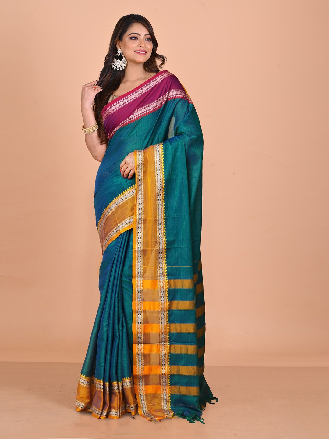 

Unnati Silks Zari Woven Pure Cotton Handloom Narayan Peth Saree, Teal