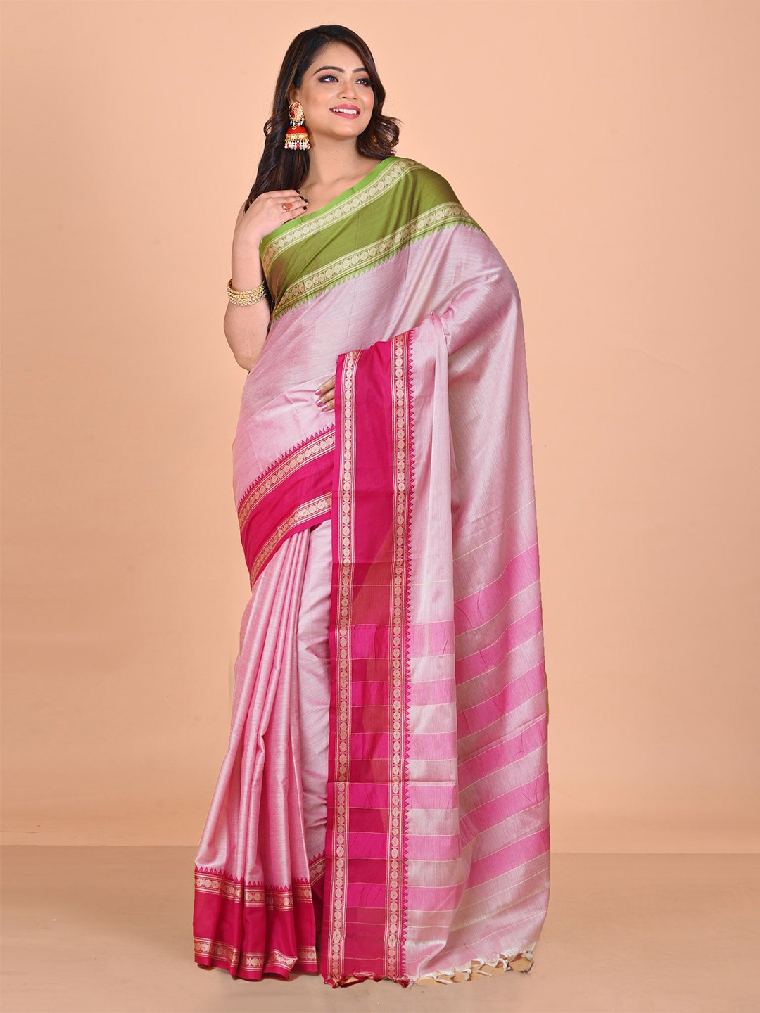 

Unnati Silks Zari Woven Pure Cotton Handloom Narayan Peth Saree, Pink