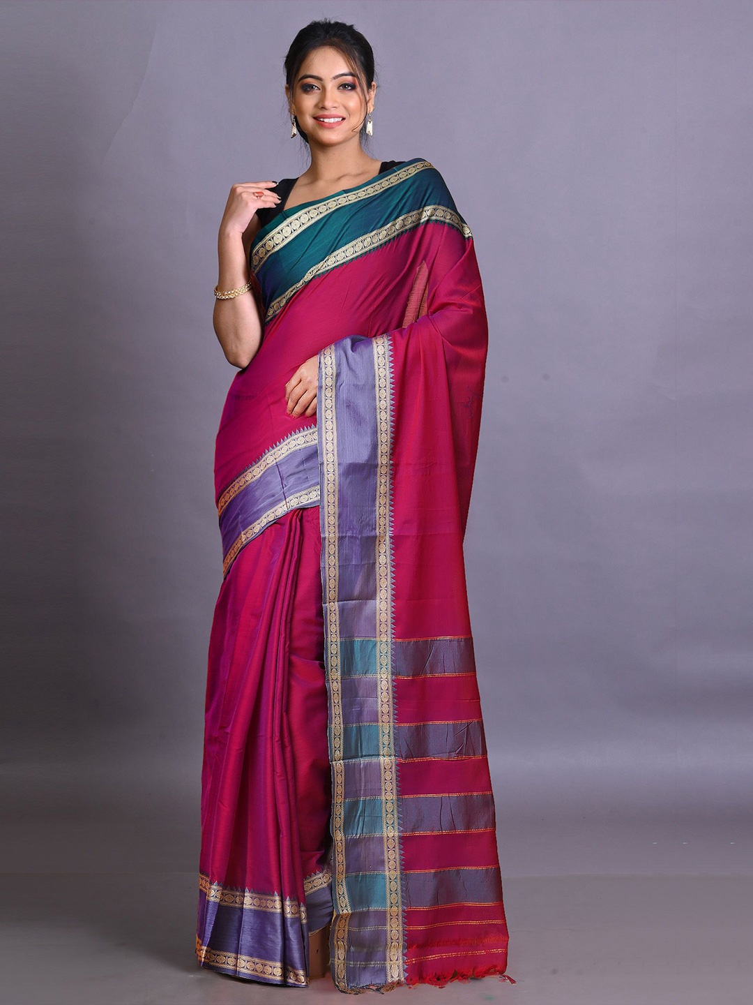 

Unnati Silks Zari Woven Pure Cotton Handloom Narayan Peth Saree, Pink