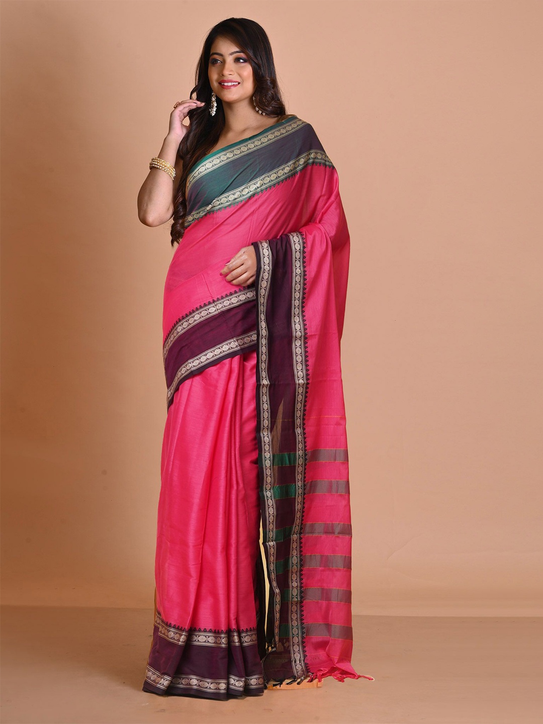 

Unnati Silks Zari Pure Cotton Handloom Narayan Peth Saree, Pink