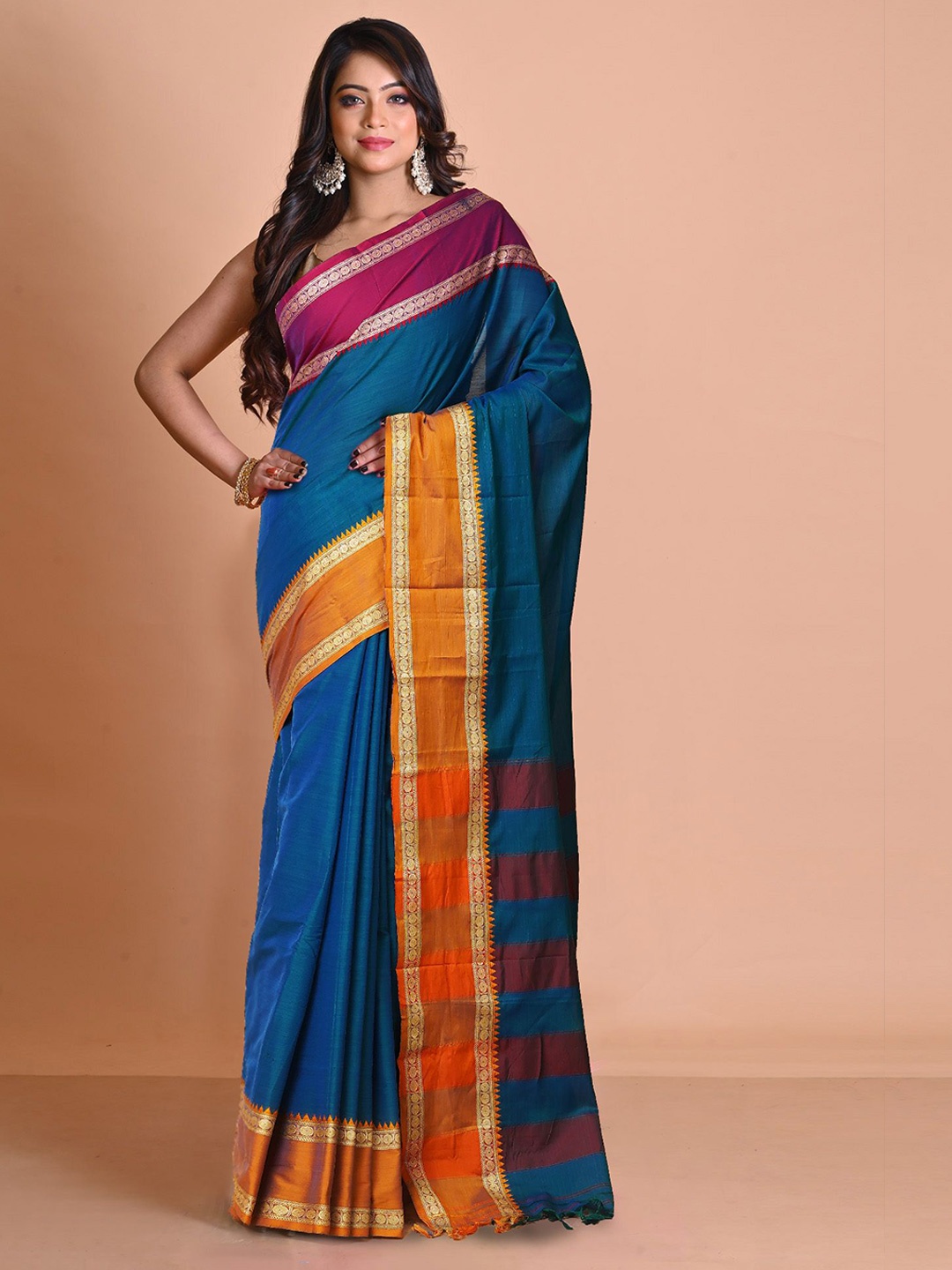 

Unnati Silks Pure Cotton Handloom Narayan Peth Saree, Blue