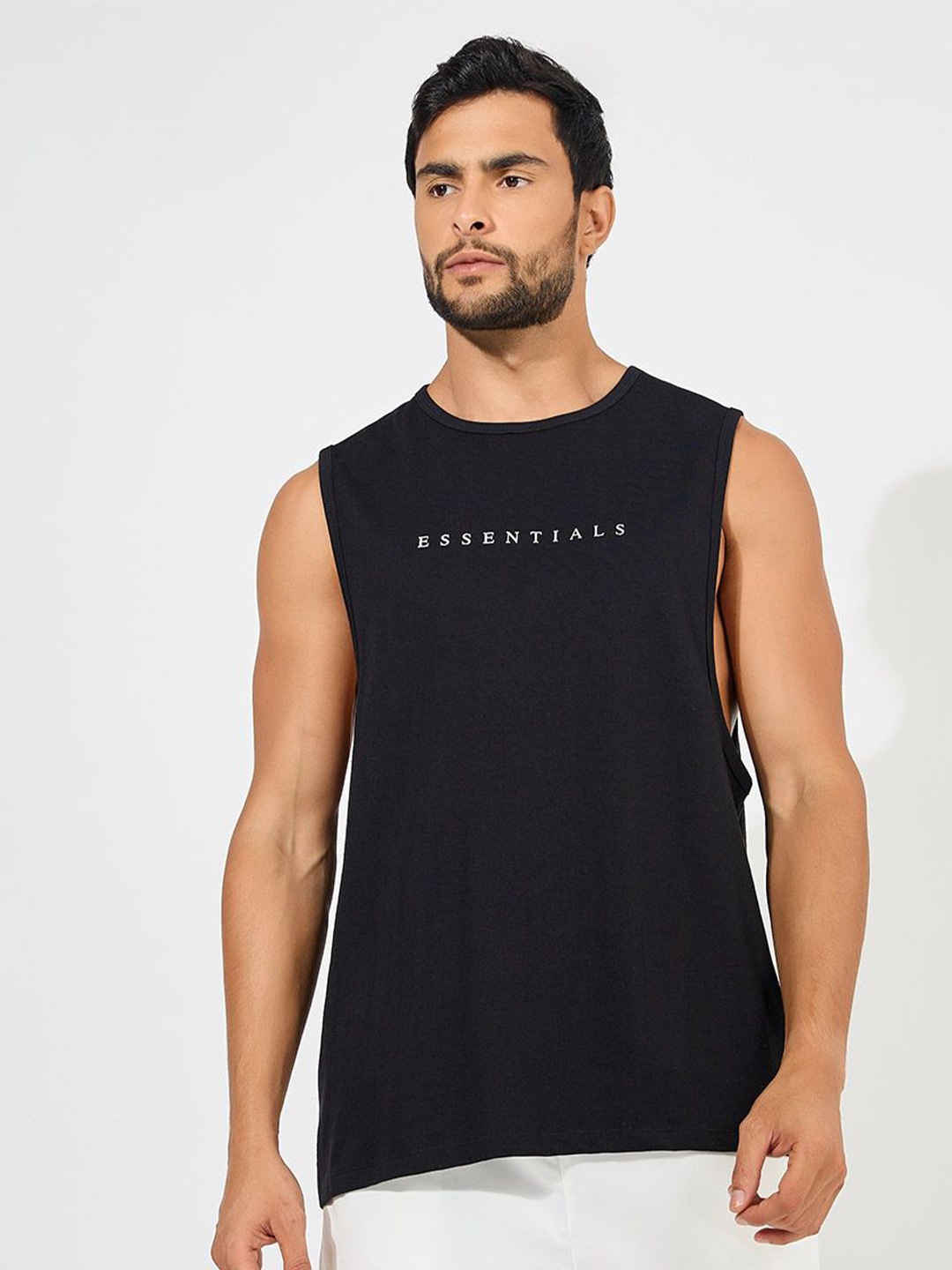 

Styli Printed Drop Armhole Oversized Pure Cotton Casual T-shirt, Black