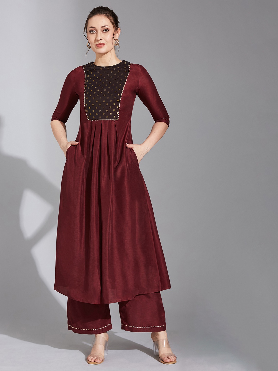 

Life With Pockets Embroidered A Line Kurta with Palazzos, Maroon