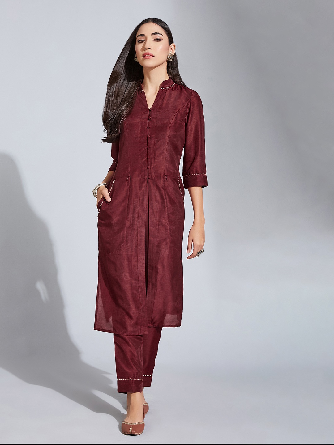 

Life With Pockets Mandarin Collar Regular A-Line Kurta with Trousers, Maroon
